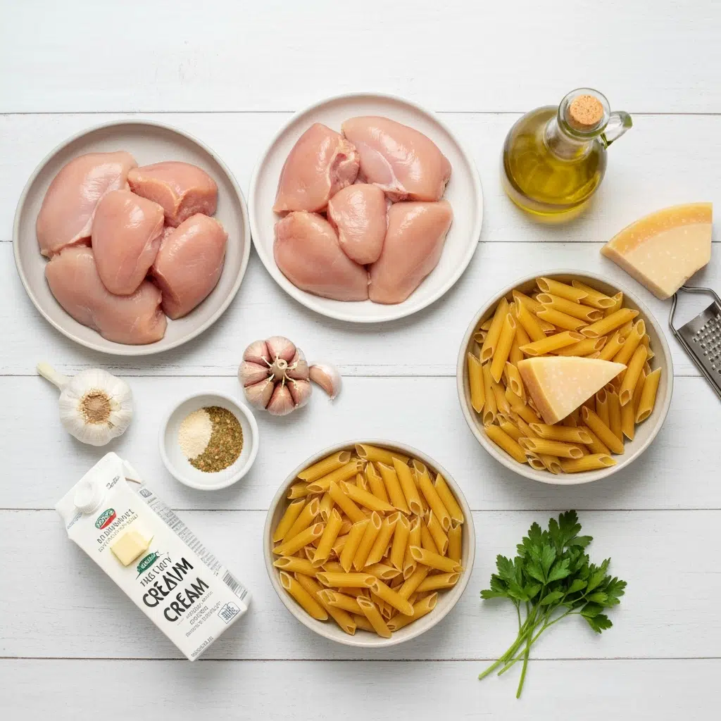 parmesan chicken pasta ingredients overhead flatlay 2025 10 04T193800.327Z