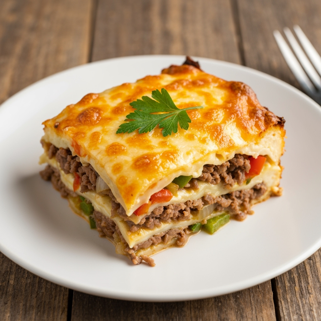 Savory low carb Philly cheesesteak casserole with melted provolone