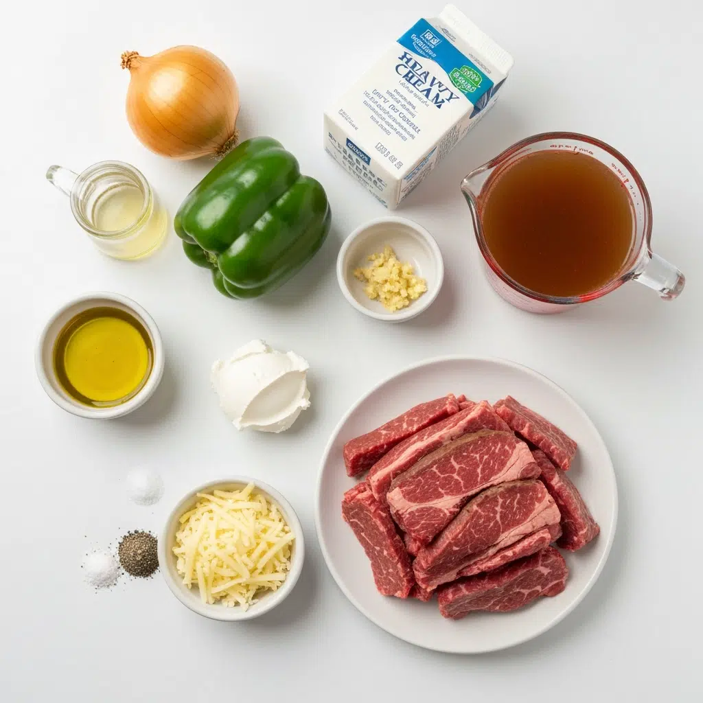 philly cheesesteak casserole ingredients overhead 2025 10 05T134649.054Z 1