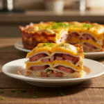 Savory Pierogi Casserole with Kielbasa 8 Savory pierogi casserole with kielbasa and melted cheddar cheese.