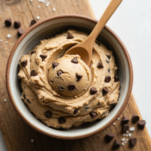 Creamy edible protein cookie dough with chocolate chips.
