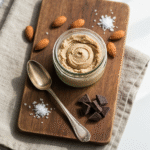 Indulge in Guilt-Free Protein Cookie Dough 8 Creamy protein cookie dough in a jar with almonds and chocolate.