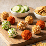 Mini ranch cheese balls with chives pretzels and paprika.