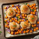 Juicy ranch chicken thighs with caramelized sweet potatoes and red onion