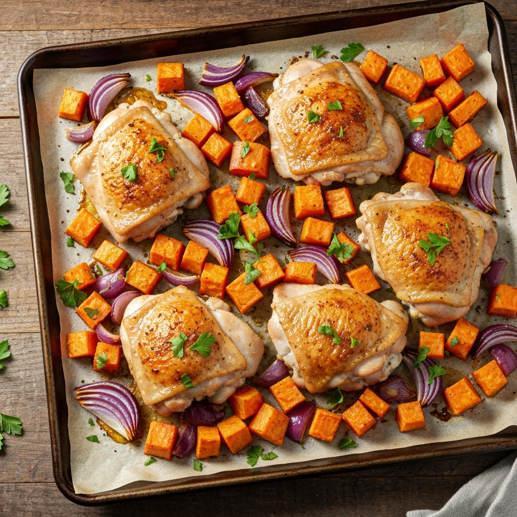 Juicy ranch chicken thighs with caramelized sweet potatoes and red onion