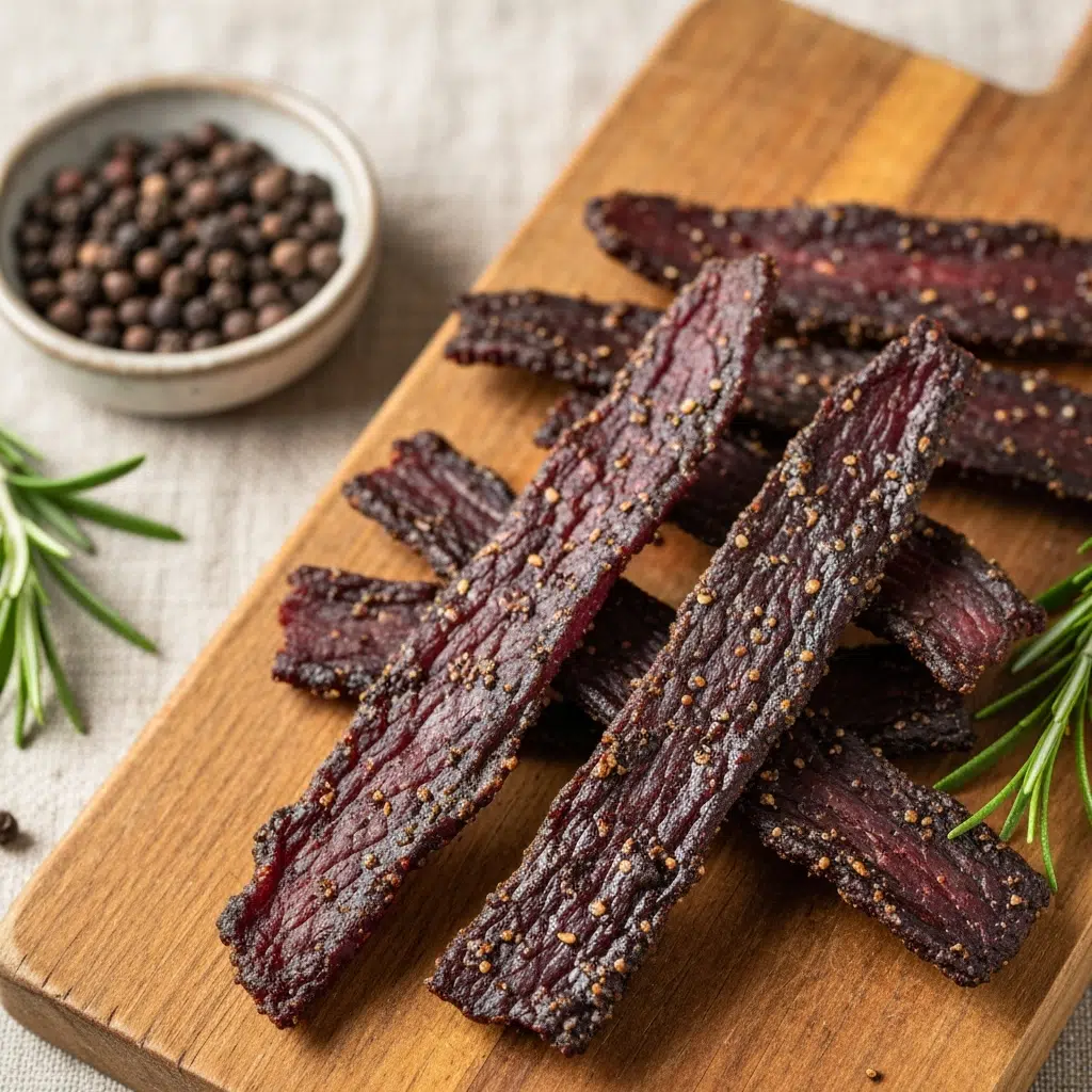 Homemade righteous felon jerky on rustic wooden cutting board