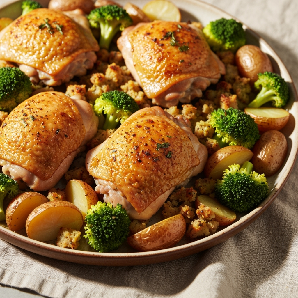 Sheet pan chicken and stuffing dinner with roasted vegetables