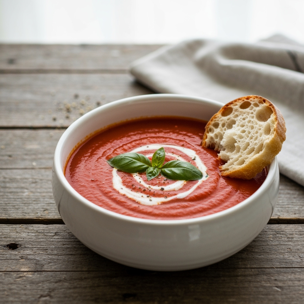 Rustic roasted tomato basil soup in white bowl
