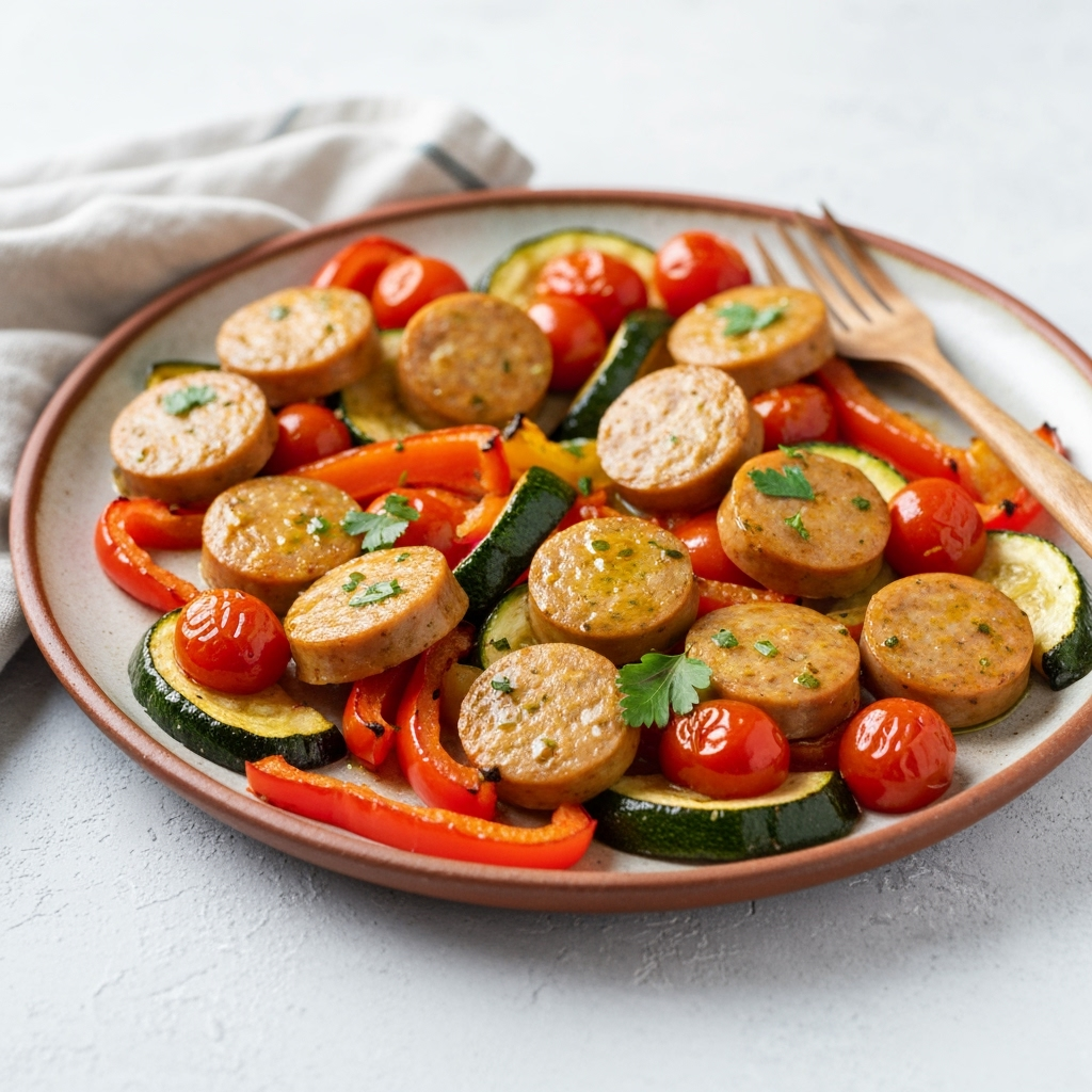 Easy roasted veggie and chicken sausage sheet pan dinner recipe.