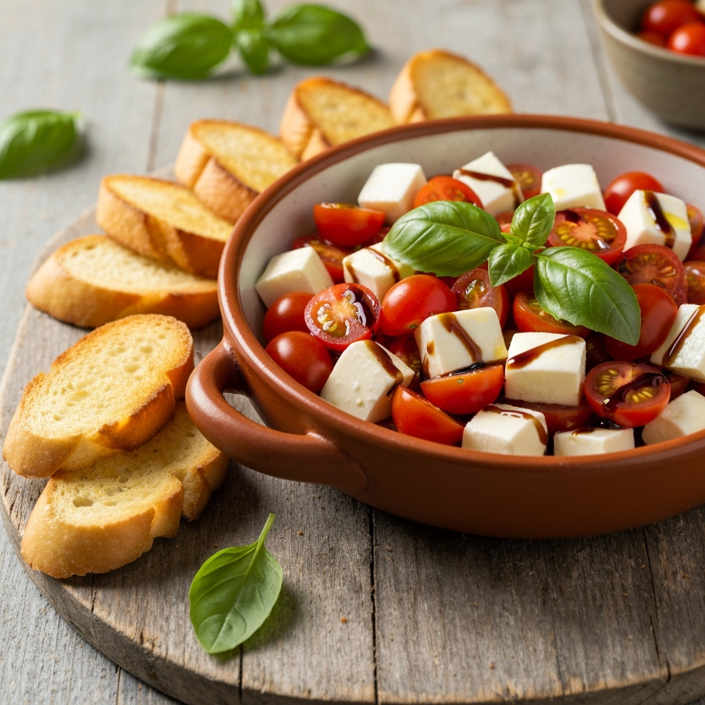Easy Caprese Dip with mozzarella, tomatoes, and basil.