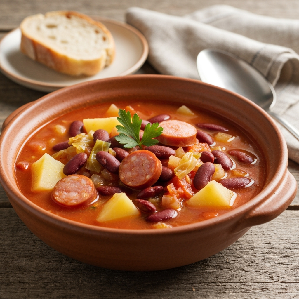 Rustic Portuguese Bean Soup in a ceramic bowl with linguiça.