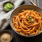 10 minute Chili Oil Udon Noodles 8 Spicy chili oil udon noodles in a rustic ceramic bowl.