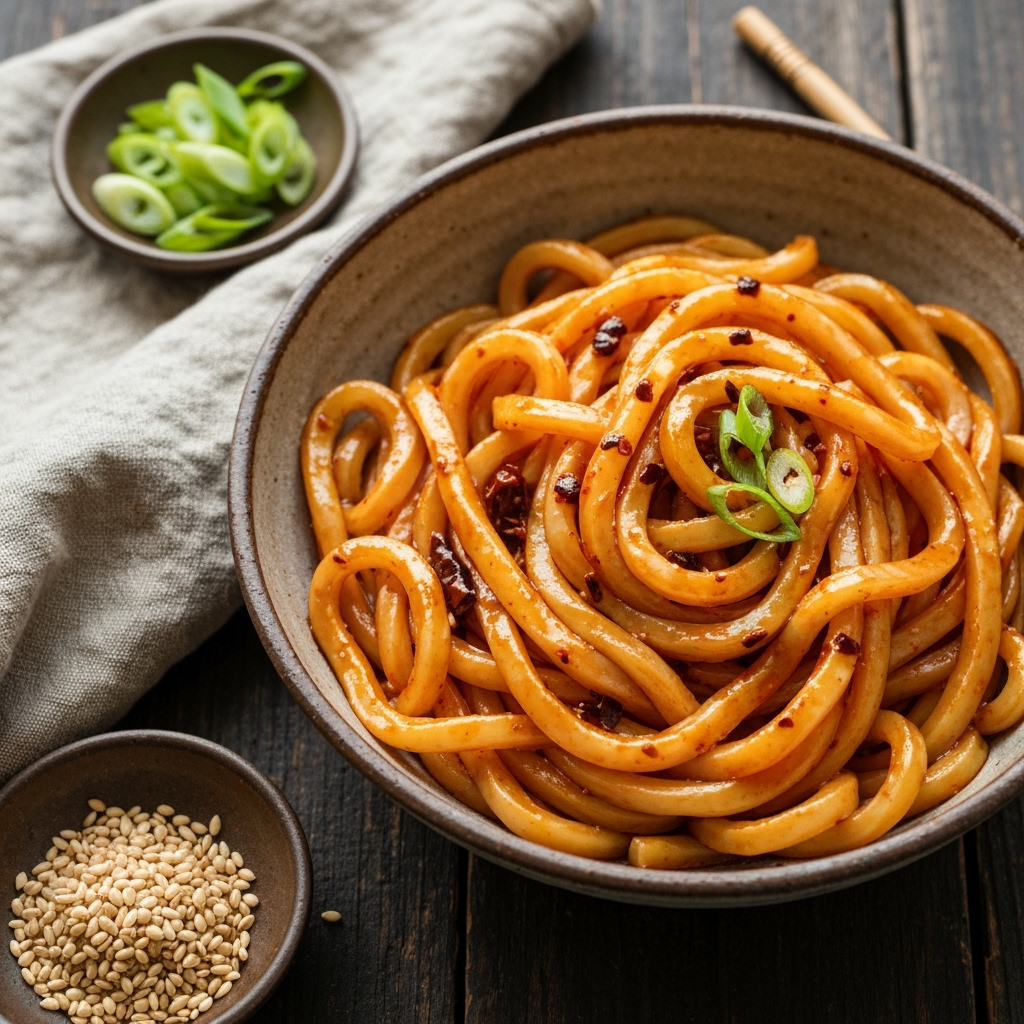 Spicy chili oil udon noodles in a rustic ceramic bowl.