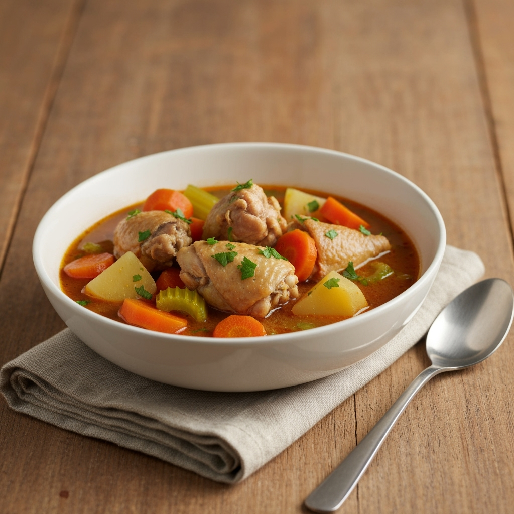 Slow cooker chicken stew recipe with tender vegetables and broth
