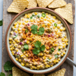Creamy corn dip recipe with Colby Jack cheese and cilantro.