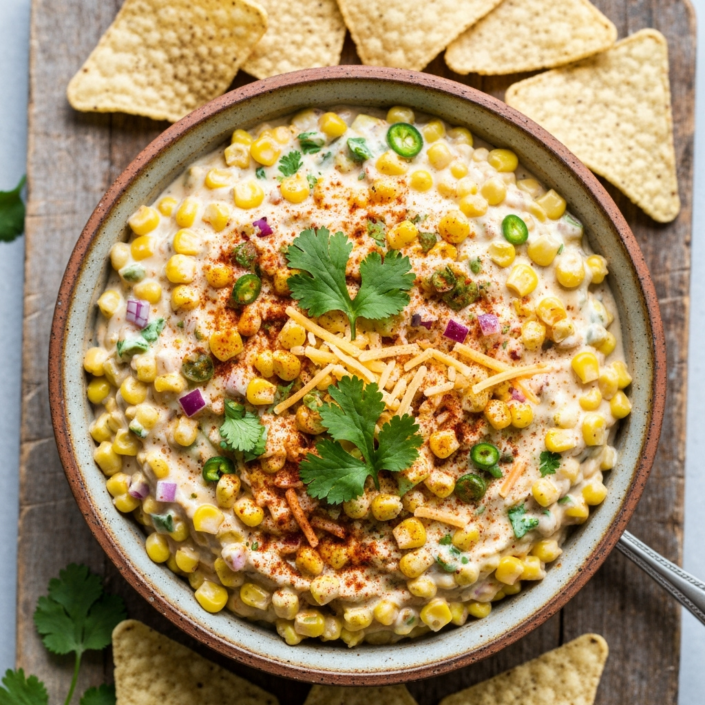 Creamy corn dip recipe with Colby Jack cheese and cilantro.