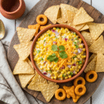 Creamy traditional corn dip with cheese and tortilla chips.