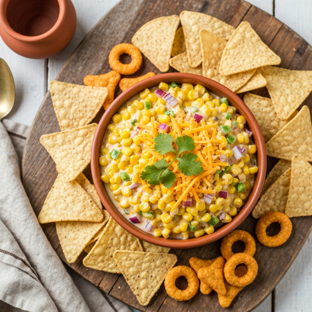 Creamy traditional corn dip with cheese and tortilla chips.