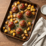 Sheet Pan Mini Meatloaf and Roasted Potatoes 8 Rustic sheet pan mini meatloaves with roasted potatoes recipe.