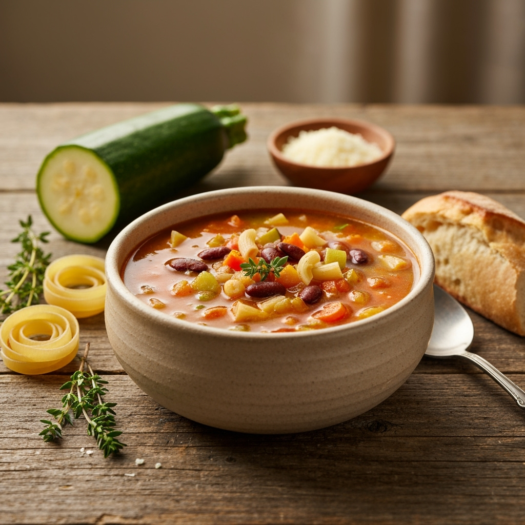 Hearty Olive Garden Vegetable Soup recipe in ceramic bowl