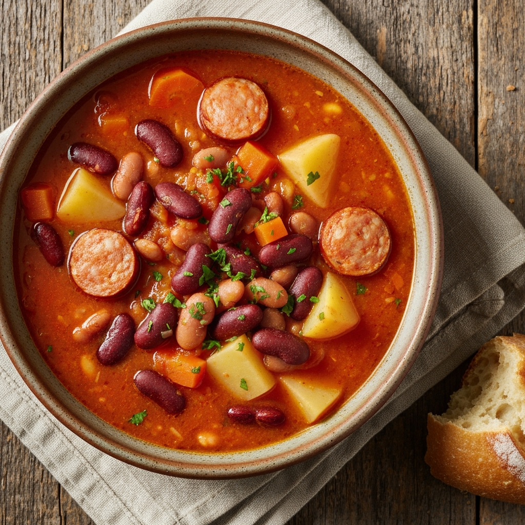 Rustic Portuguese bean soup with linguica sausage recipe.