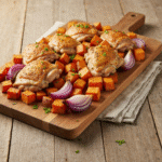 Sheet Pan Ranch Chicken and Sweet Potatoes 6 Sheet pan ranch chicken and sweet potatoes with red onions.