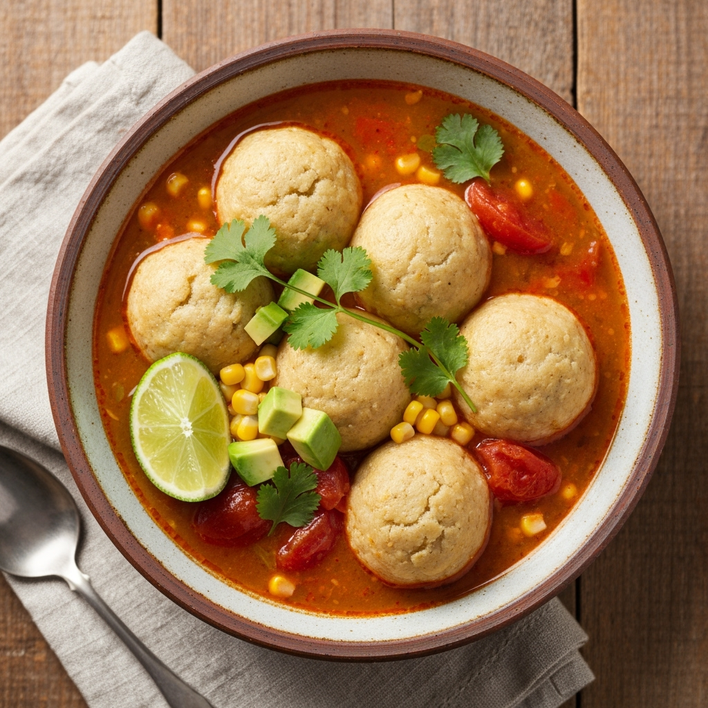 Rustic tamale soup with masa dumplings in spiced broth