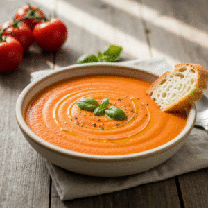 Creamy roasted garlic tomato soup in a rustic ceramic bowl.