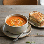 Creamy roasted garlic tomato soup with grilled cheese sandwich.