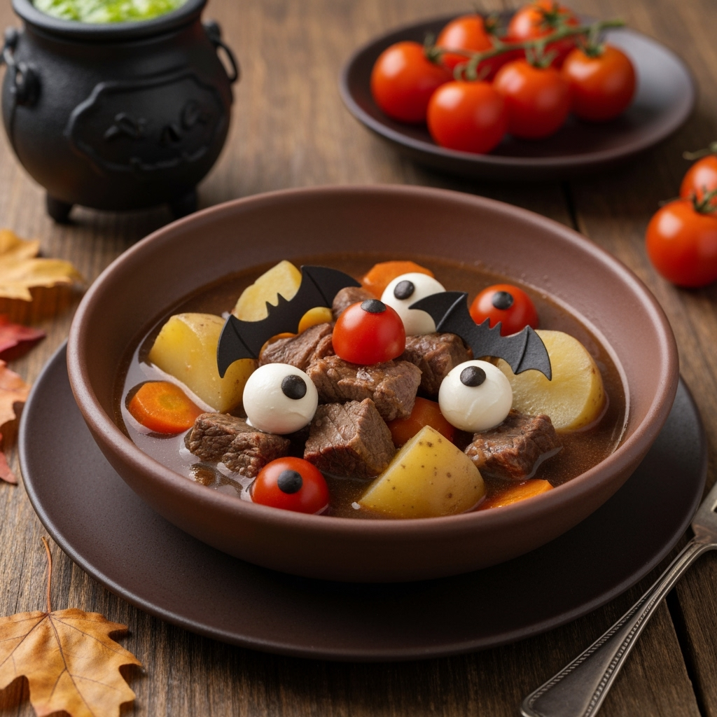 Hearty witches brew stew with beef vegetables and Halloween garnishes
