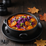 Witches brew stew recipe with colorful vegetables in cauldron