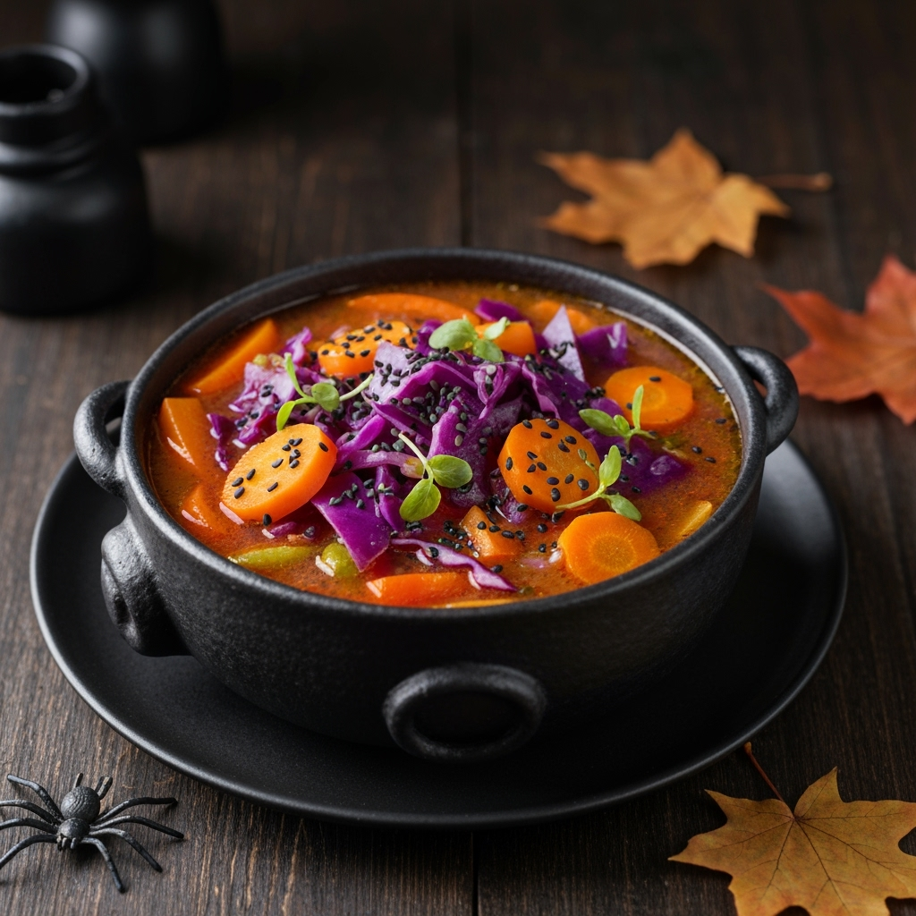 Witches brew stew recipe with colorful vegetables in cauldron