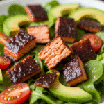 Homemade salmon jerky salad with avocado and cherry tomatoes