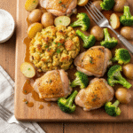 Sheet pan chicken and stuffing with potatoes and broccoli.