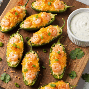 Crispy shrimp stuffed jalapeño poppers with creamy filling.