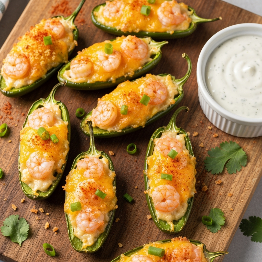 Crispy shrimp stuffed jalapeño poppers with creamy filling.