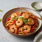 Shrimp Udon Stir Fry 8 Savory shrimp udon stir fry with vegetables and glossy sauce.