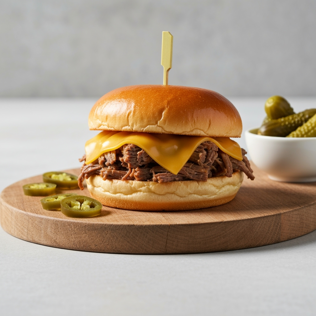 Slow cooker beef and cheddar sandwich on brioche bun