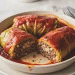 Cabbage leaves stuffed with a savory beef and cauliflower rice filling, covered in herbed tomato sauce. Slow Cooker Cabbage Rolls