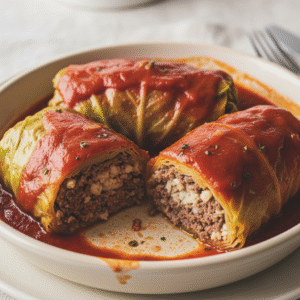 Cabbage leaves stuffed with a savory beef and cauliflower rice filling, covered in herbed tomato sauce. Slow Cooker Cabbage Rolls