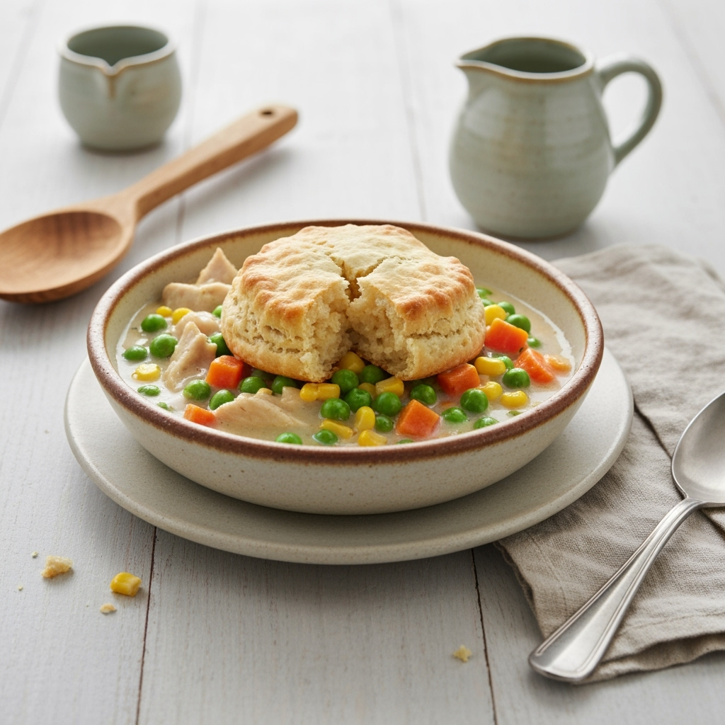 Slow cooker chicken pot pie with flaky biscuit topping.