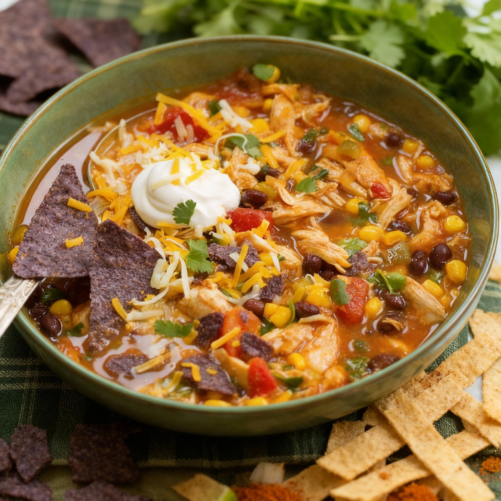 Bold, spicy tortilla soup with chunks of chicken, black beans, and vegetables, topped with baked tortilla strips. Slow Cooker Chicken Tortilla Soup