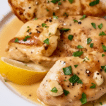 Tender lemon-garlic chicken breasts in a zesty broth, garnished with parsley and lemon zest. Slow Cooker Lemon Garlic Chicken