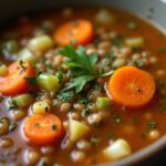 Rich lentil soup with diced vegetables, fresh herbs, and golden broth, captured in a homestyle bowl. Slow Cooker Lentil Soup