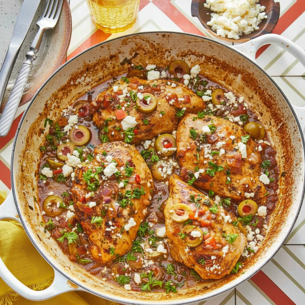 Juicy chicken thighs with olives, red onions, and herbs in a tomato-based sauce, Mediterranean style.