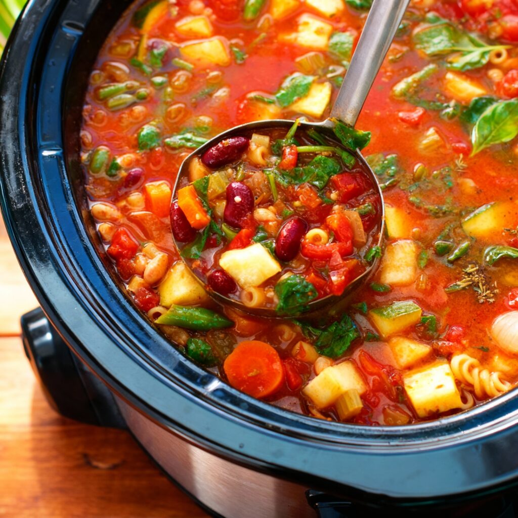 Colorful minestrone soup loaded with vegetables, beans, and whole-grain pasta, captured in a rustic bowl.