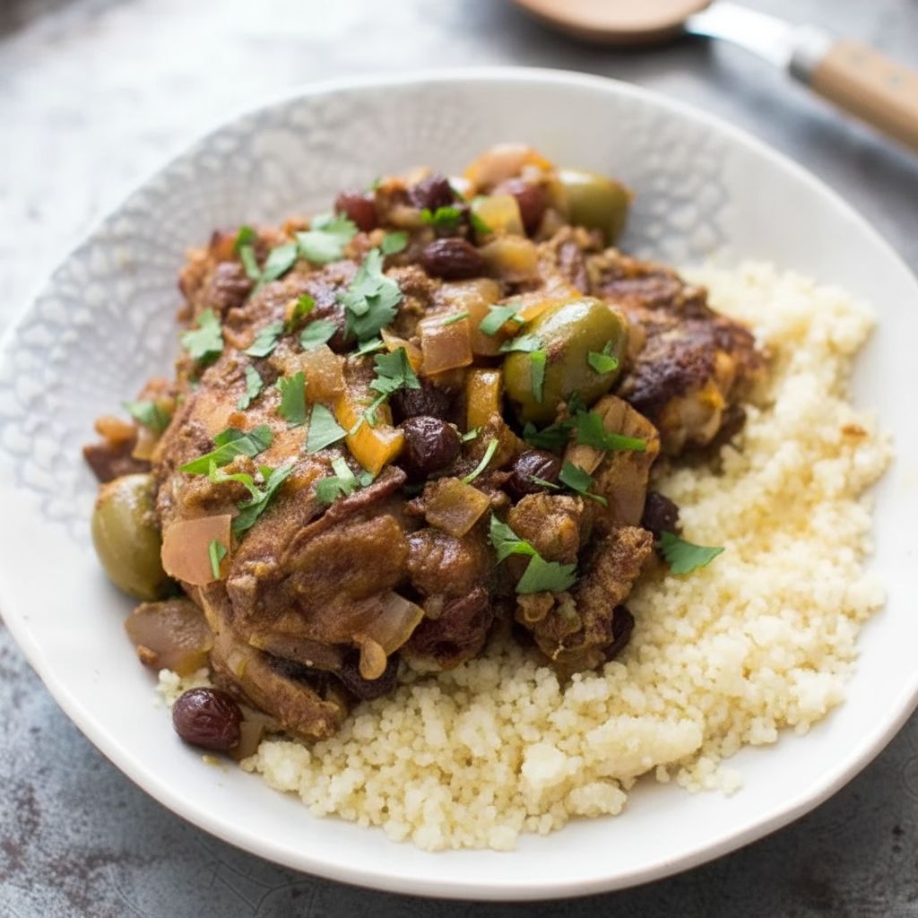Tender chicken thighs in a richly spiced tomato sauce with golden hues, topped with fresh parsley.