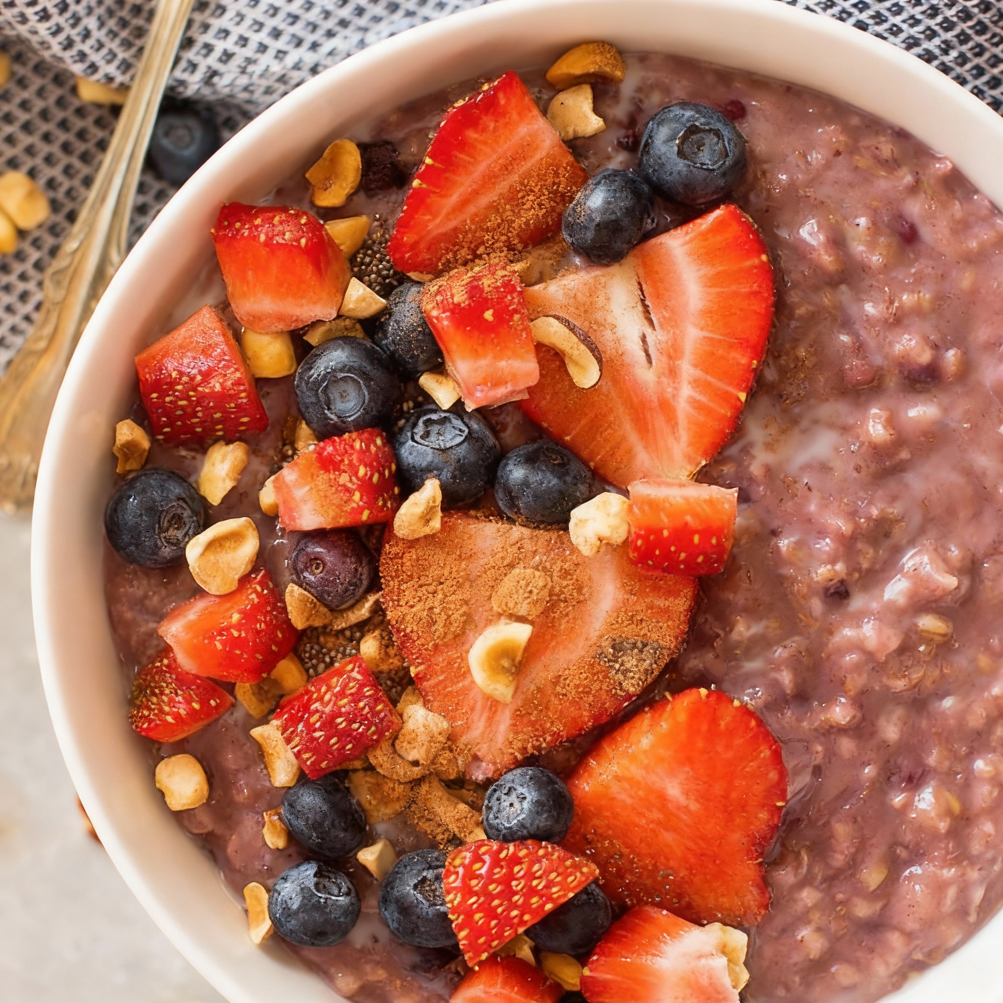 Creamy oats swirled with cinnamon and dotted with vibrant berries, served in a cozy breakfast bowl.