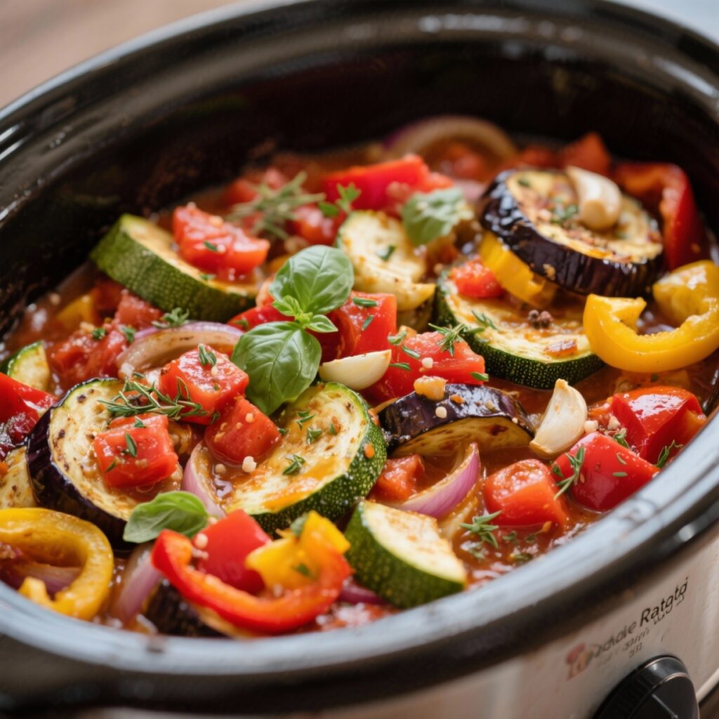 Colorful medley of eggplant, zucchini, and bell peppers in a savory tomato-herb sauce, cooked to soft perfection.
