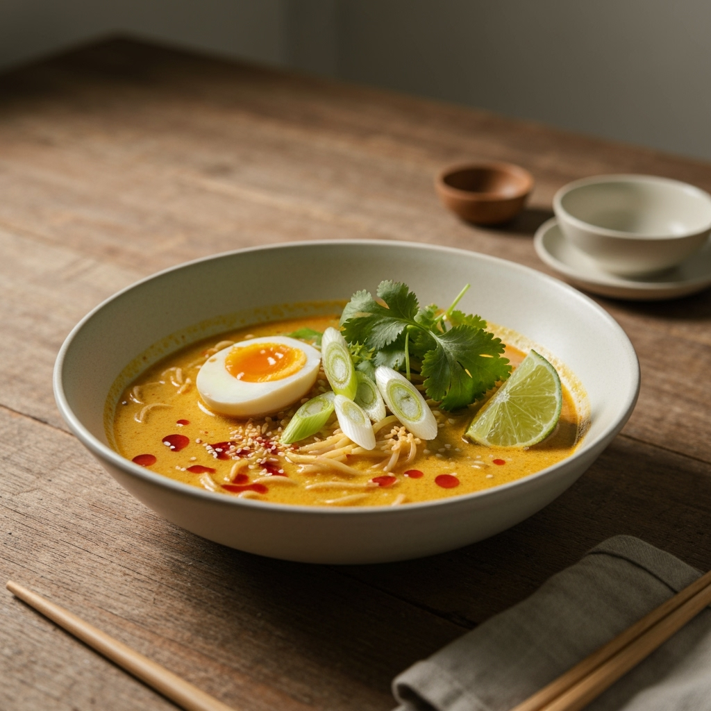 Spicy coconut curry ramen with creamy broth and toppings